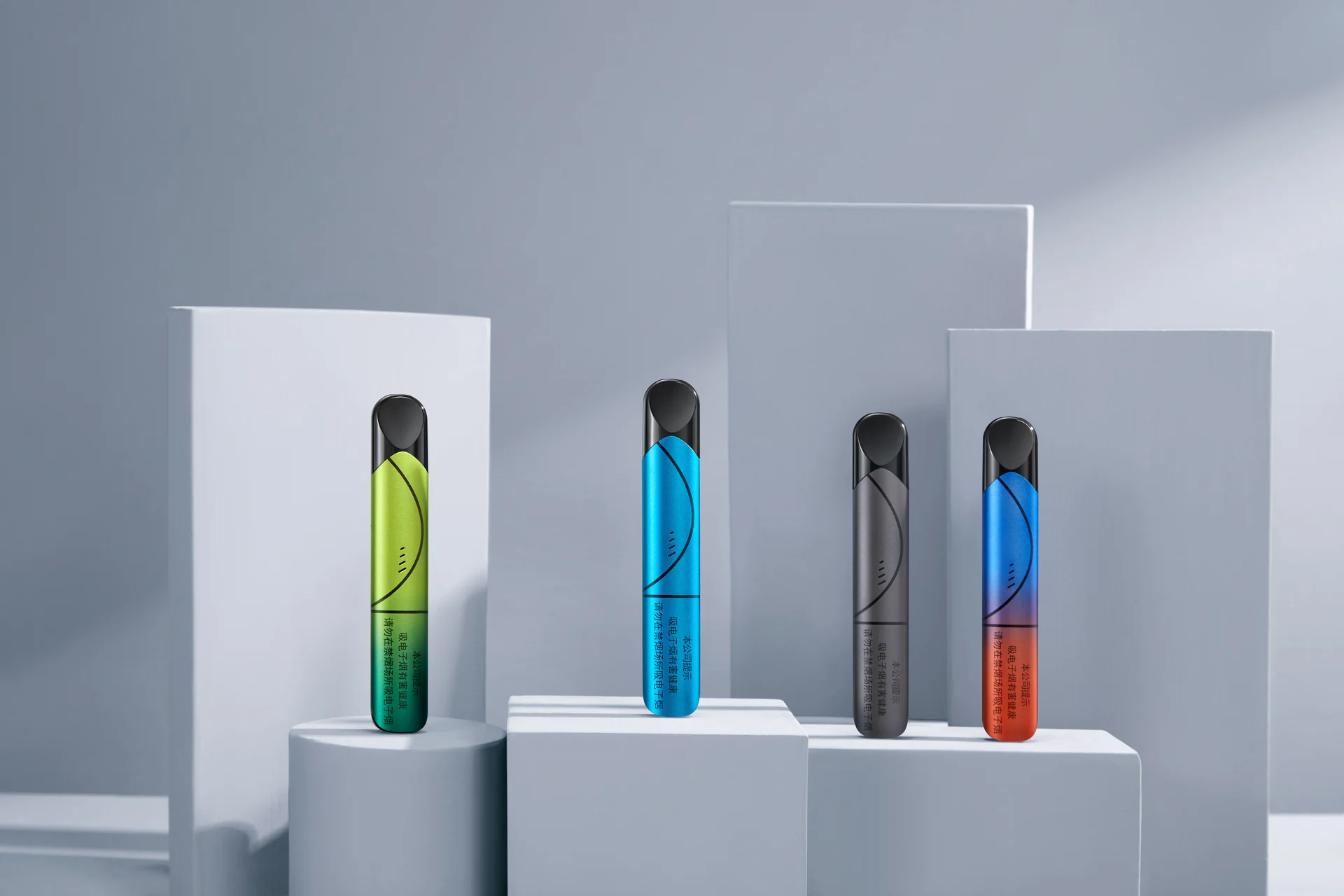 为博迪 bpod 拍摄的电子雾化器产品视觉项目，覆盖渐变阳极氧化机身、烟弹与包装，以及二十余组棚内色彩场景。